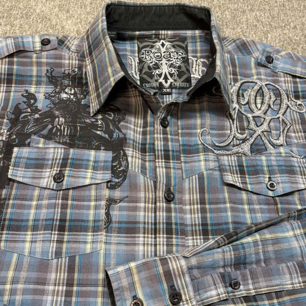 ROAR Mens Plaid Long Sleeve‎ Button Up Shirt Resilience Embroidered Sz XL